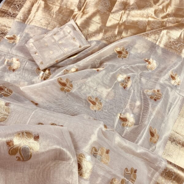 Off White with tint of Gold Linen Soft Tissue Silk Saree with Banarasi Borders and Pallu | Light Weight Saree | Kaash Collection