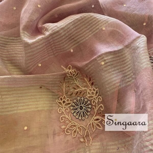 Embroidered Linen Silk Saree: Indian Partywear Sari with Pearl Detail