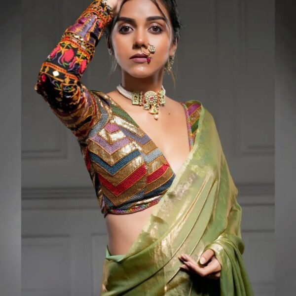 Made to Order Sabyasachi Indian Saree Lehenga Designer Multi Color Full Sleeves Embroidered Georgette Blouse, boat Neck Custom Made Blouse