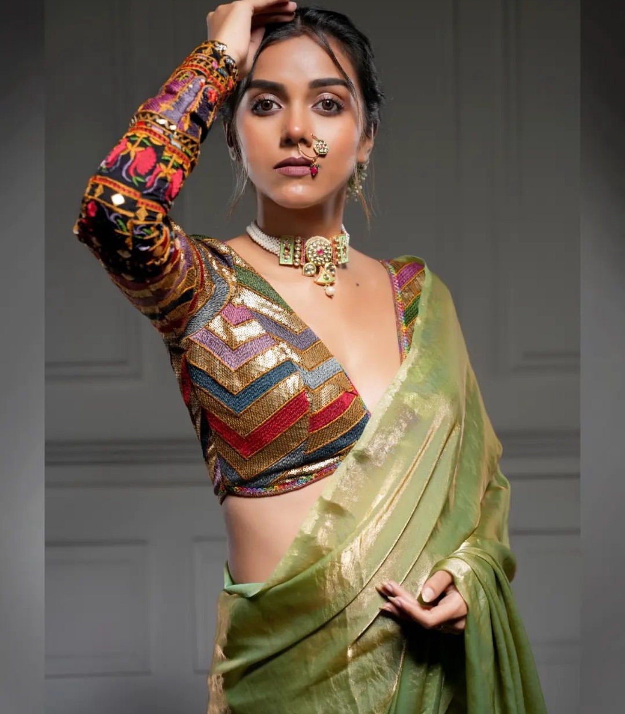 Made to Order Sabyasachi Indian Saree Lehenga Designer Multi Color Full Sleeves Embroidered Georgette Blouse, boat Neck Custom Made Blouse