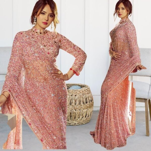 Georgette Saree: Dual Sequin Embroidery, Lace Border & Hand Pearl Work