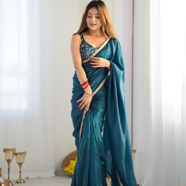 Teal Blue Tissue Silk Saree: Embroidered Lace, Ready to Wear