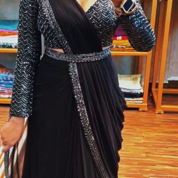Black Georgette Saree, Embroidery Sequence Work, Stitched Blouse