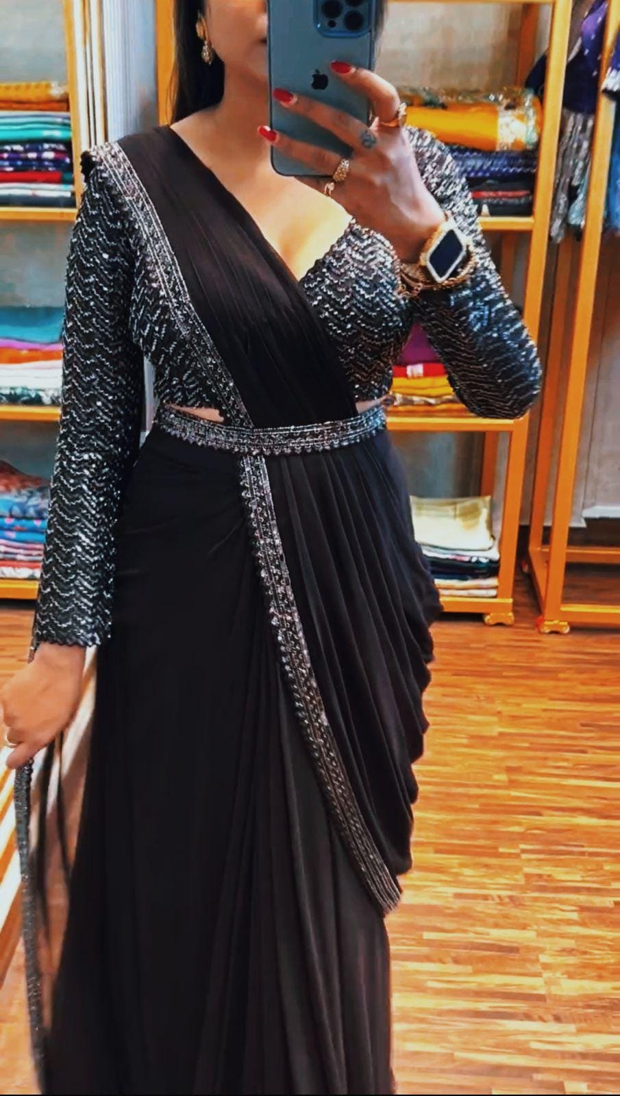 Black Georgette Saree, Embroidery Sequence Work, Stitched Blouse