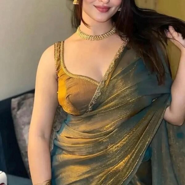 Gold Silk Blend Saree with Beads, Stone Work | Plain Saree | Designer Indian Clothing Readymade