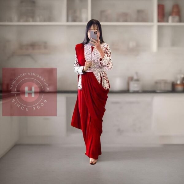 Red Pleated Gown Saree: Ready to Wear Bollywood Style with Embroidery