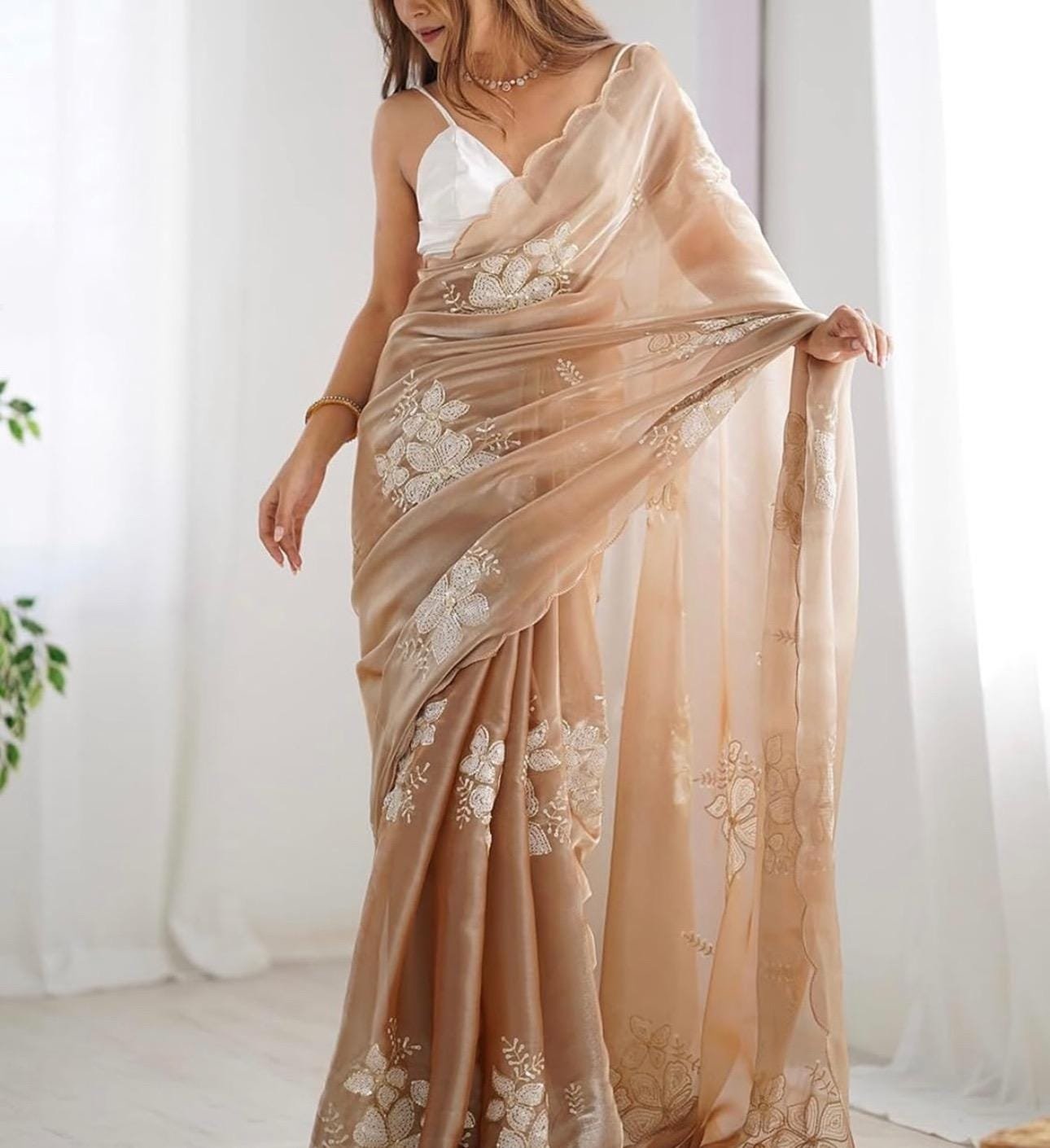 Designer Beige Zimmy Choo Floral Sequence Saree with Blouse | Embroidered | Ethnic Wedding Indian Wear