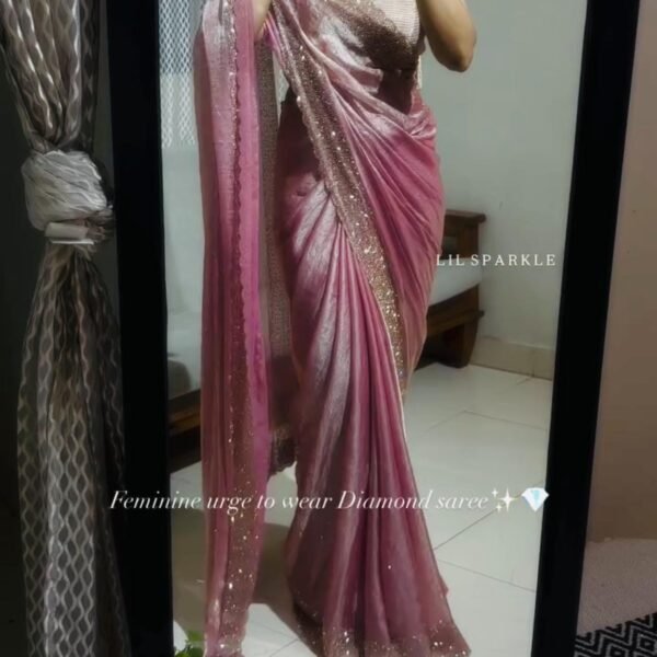 Space Silk Saree | Jarkan Work | Indian Designer PartyWear Sari | Embellished Readymade Sadi for Wedding