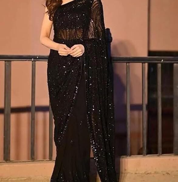 Black Sequence Georgette Saree, Blouse | Indian Ethnic Wear for Women | Wedding Party Wear Readymade