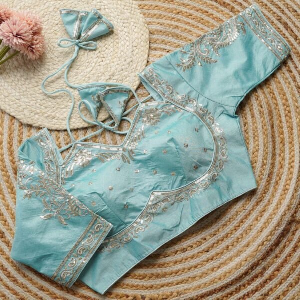 Raspberry Silk Saree Blouse: Golden Embroidery, Padded Crop Top