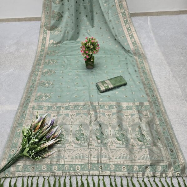 Mint Green Soft Silk Saree: Banarasi Zari & Meenakari Work