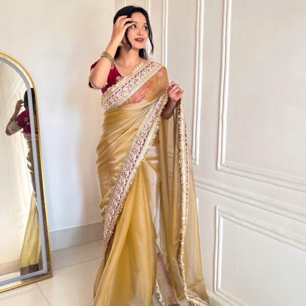 Designer Tissue Silk Saree: Bollywood Style Sequins Lace Border, Ready To Wear Stitched Saree