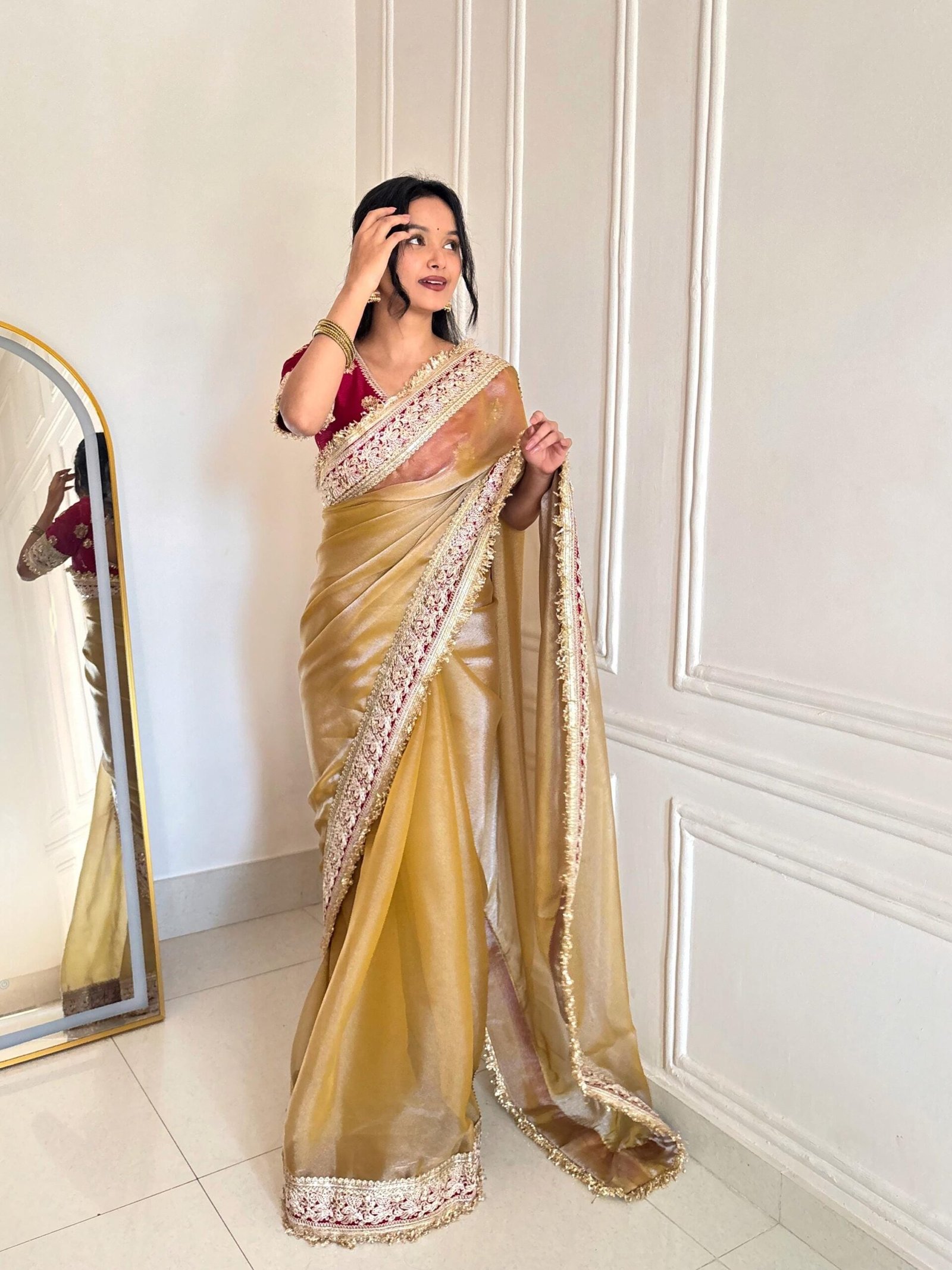 Designer Tissue Silk Saree: Bollywood Style Sequins Lace Border, Ready To Wear Stitched Saree
