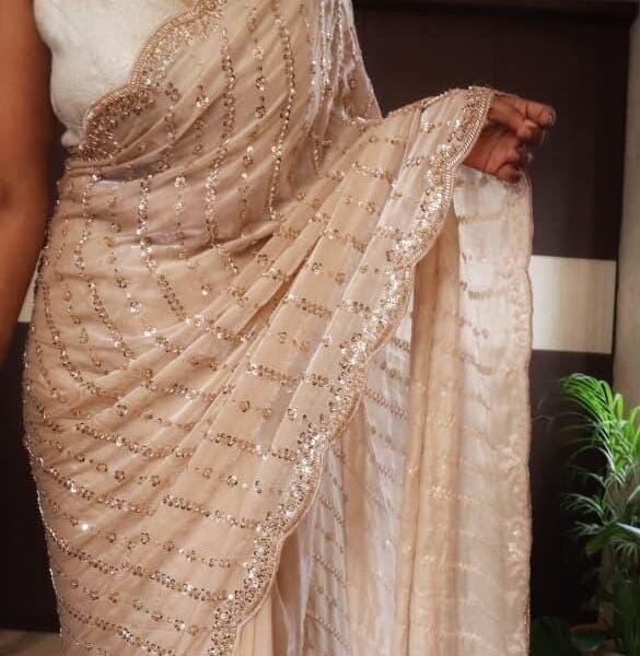 Designer Space Silk Saree – Heavy Beads Work Party Wear Sari with Blouse Piece - IndianClothing