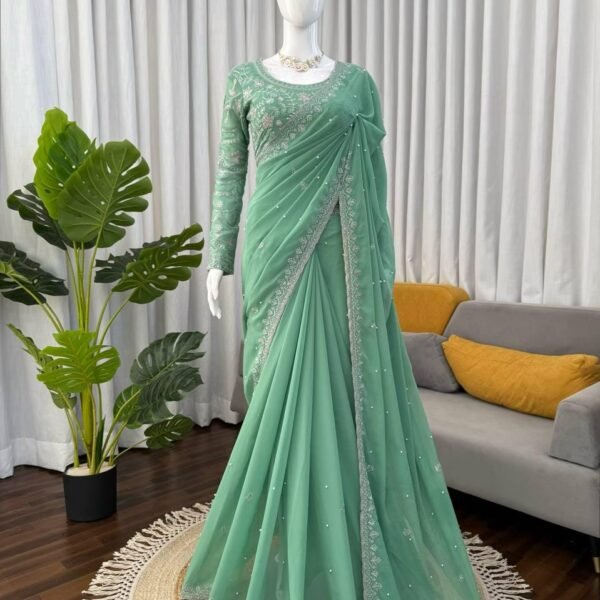 Teal Green Designer Indian Wedding Georgette Saree with Sequence Work Blouse, Festive Saree, Party Wear Saree, Wedding saree, Stylish saree