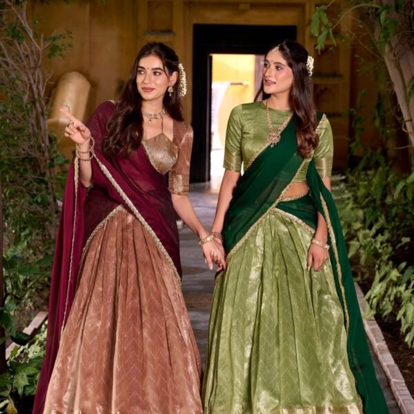 South Indian Style Zari Work Yellow And Pink Silk Half Saree Lehenga