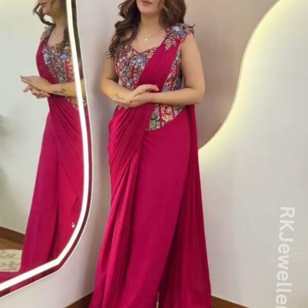 Hot Pink Corset Saree Gown | 3D Floral Embroidered Fusion Wear