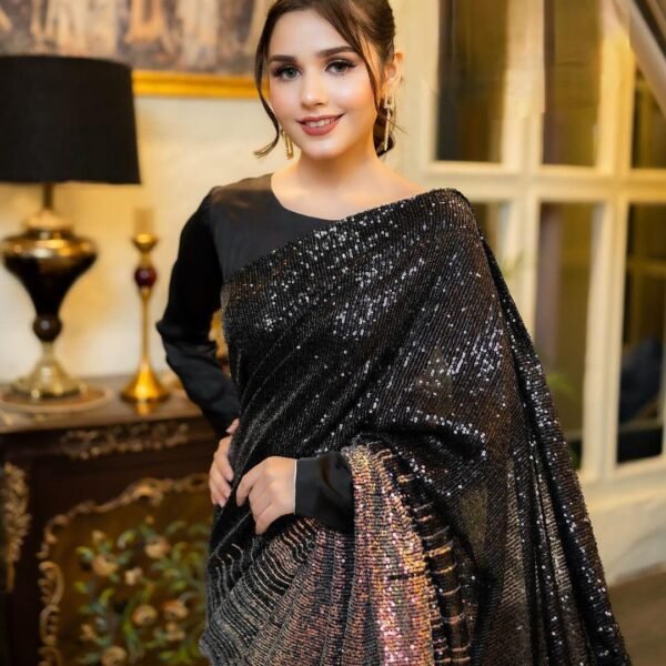 Classic Black and Gold Georgette Sequins Embroidered Saree With Blouse Piece For Women, Designer Party Wear & Wedding Wear Padding Saree