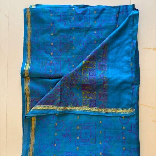 Vintage kantha blue Silk Saree: Indian Sari Fabric, Upcycle Art