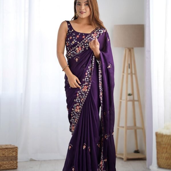 Designer Sat in Chiffon Silk Saree: Bollywood Style Sequins Lace Border Purple Border Saree