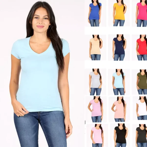Women's Basic V-Neck T-Shirt Soft Cotton Knit Short Sleeve Solid Plain Top