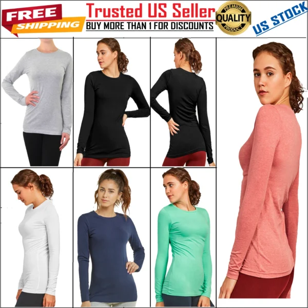 Women's Cotton Soft T-Shirt Long Sleeve Crew Round Neck Stretch Plain Tunic Top