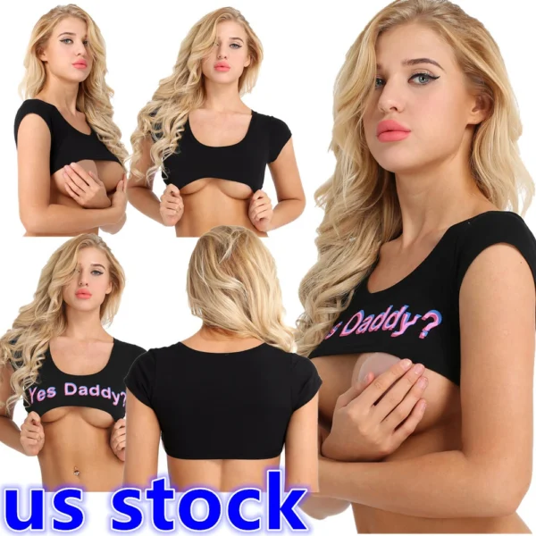 US Women Girls Yes Daddy Casual Crop Top T-shirt Short Sleeve Lingerie Clubwear