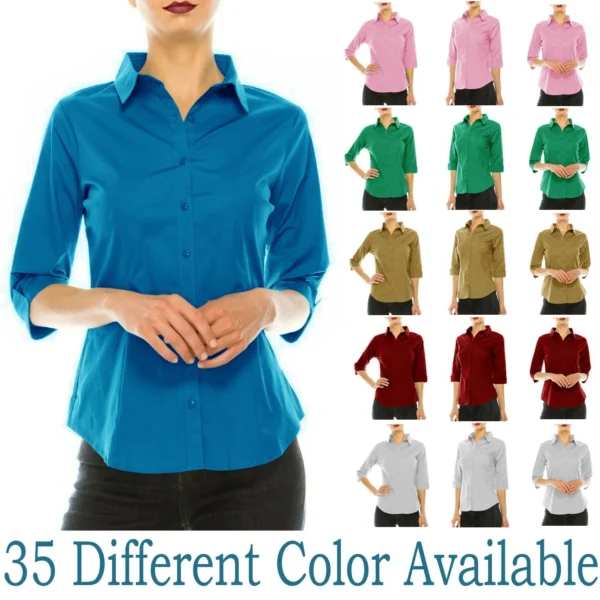 Women's Classic Cotton 3/4 Sleeve Button Down Blouse Dress Shirt Work Wear Top