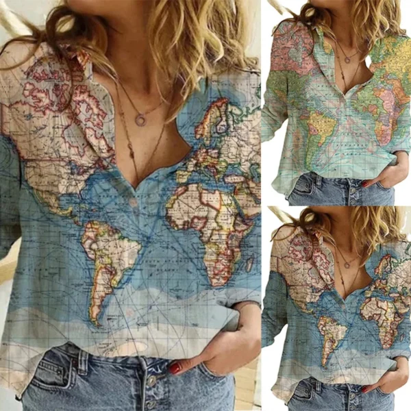 Women's Plain Shirt Ladies Map Print Baggy Long Sleeve V Neck Tops Blouse Tee ⇓