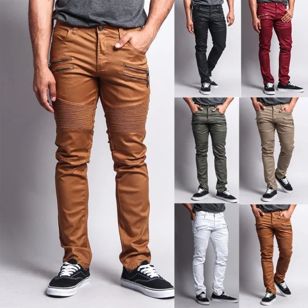 Victorious Men's Skinny Fit Coated Biker Jean zipper Moto Pants DL1030-T21E