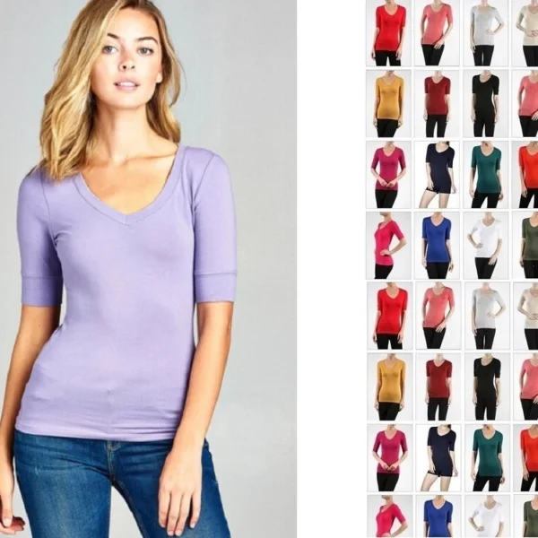 Women Basic V-NECK Elbow SHORT Sleeve T Shirt Top Cotton Stretch REG N PLUS S-3X