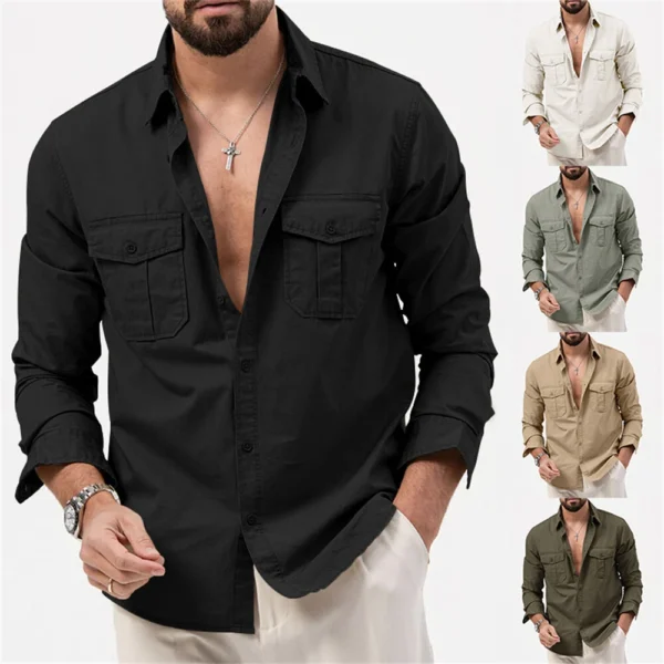 Men's Cargo Shirt Casual Slim Shirts Long Sleeve Button Down Tops Blouse