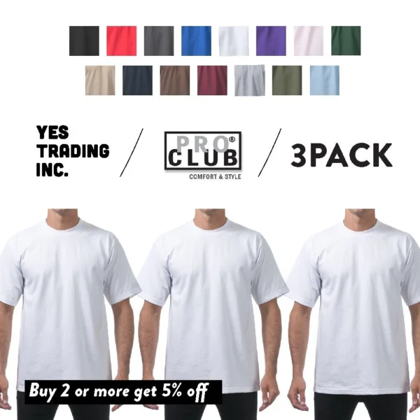 3 PACK PROCLUB MENS HEAVYWEIGHT SHORT SLEEVE T SHIRTS PRO CLUB CASUAL COTTON TEE
