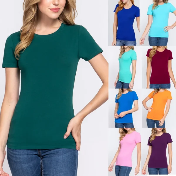 Womens Short Sleeve T-Shirt Crew Neck Stretch Cotton Slim Fit Plain Top