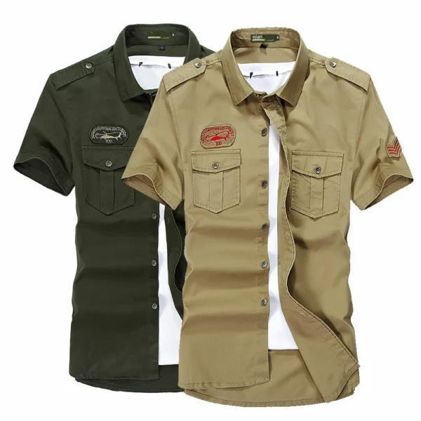 Luxury Mens Short Sleeves Shirts Army Casual Air Force Slim Fit Pockets Shirts