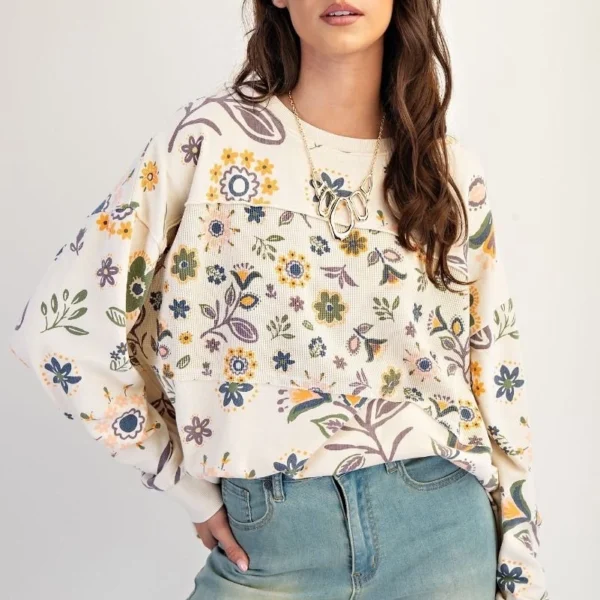 Easel Women's Wildflowers Mineral Washed Thermal Knit Top in Ecru