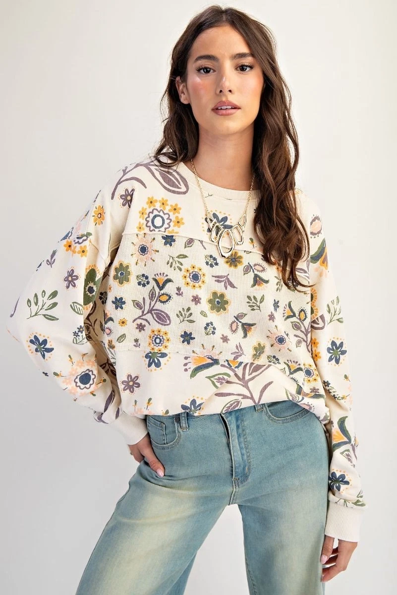 Easel Women's Wildflowers Mineral Washed Thermal Knit Top in Ecru