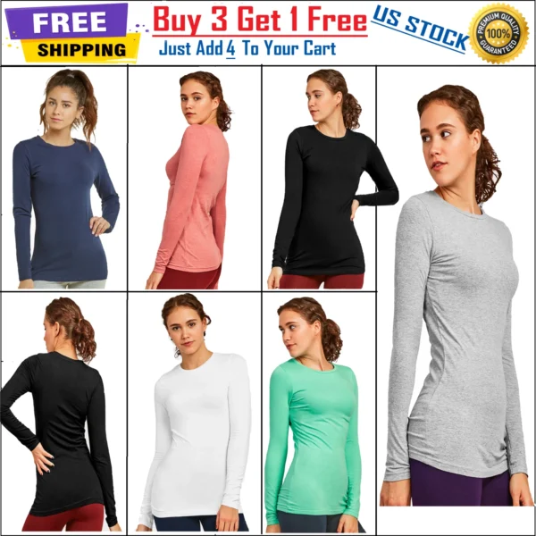 Cotton Women's T-Shirt Long Sleeve Round Crew Neck Stretch Soft Plain Tunic Top