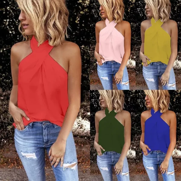 Womens Halter Neck Tank Tops Vest Ladies Sleeveless Casual Summer T-Shirt Tees □