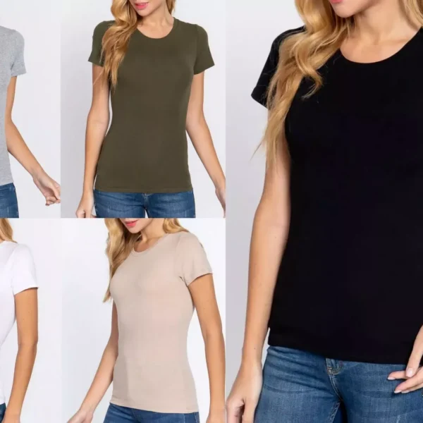 Slim Fit Crew Neck Short Sleeve Basic Top Soft Stretch Cotton Fitted T-Shirt Tee