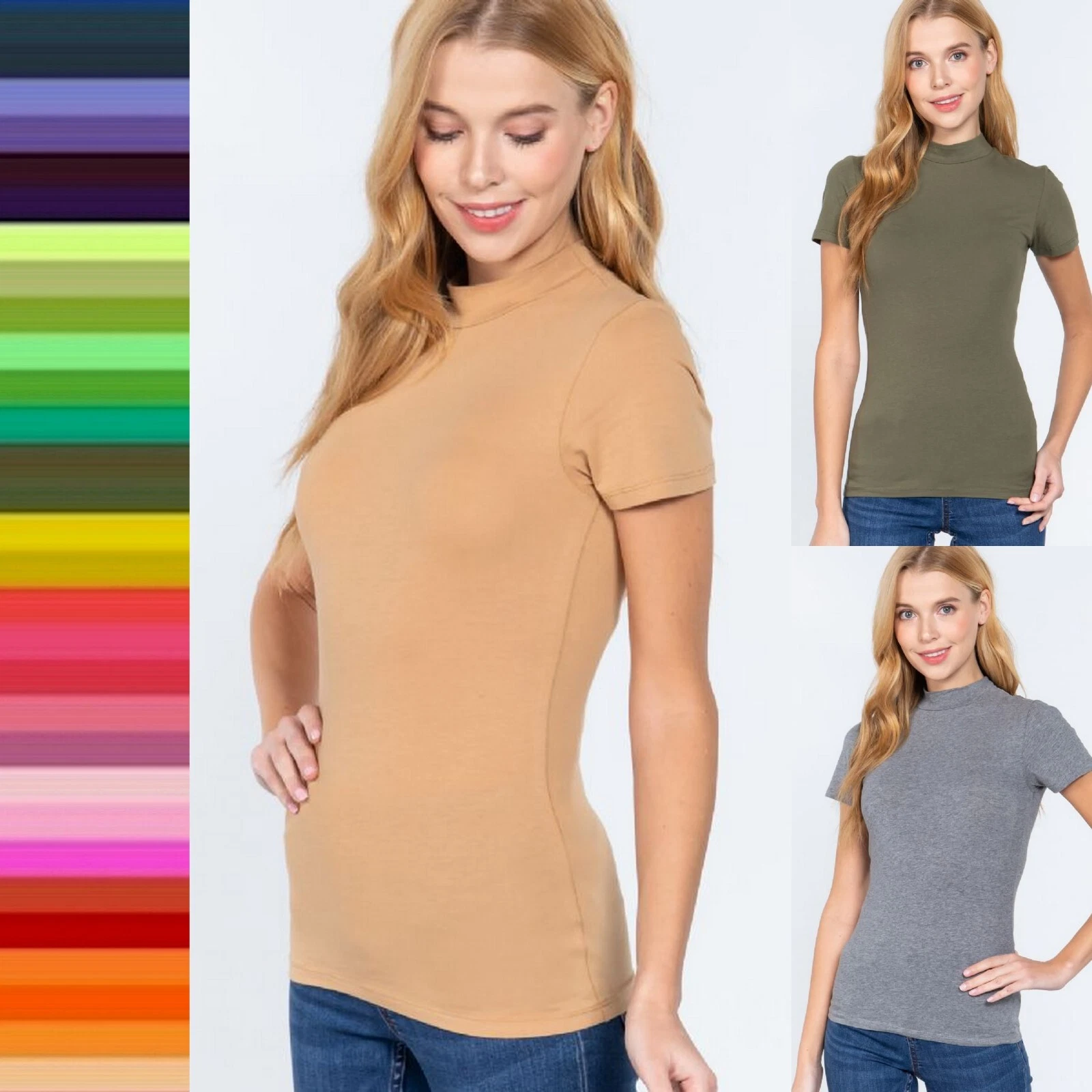 Slim Fit Women's Mock Neck Short Sleeve Cotton Spandex T-Shirt Layering Top