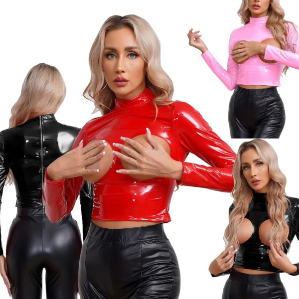 Women's Patent Leather Open Chest Crop Top Mock Neck Long Sleeve Zipper T-shirt