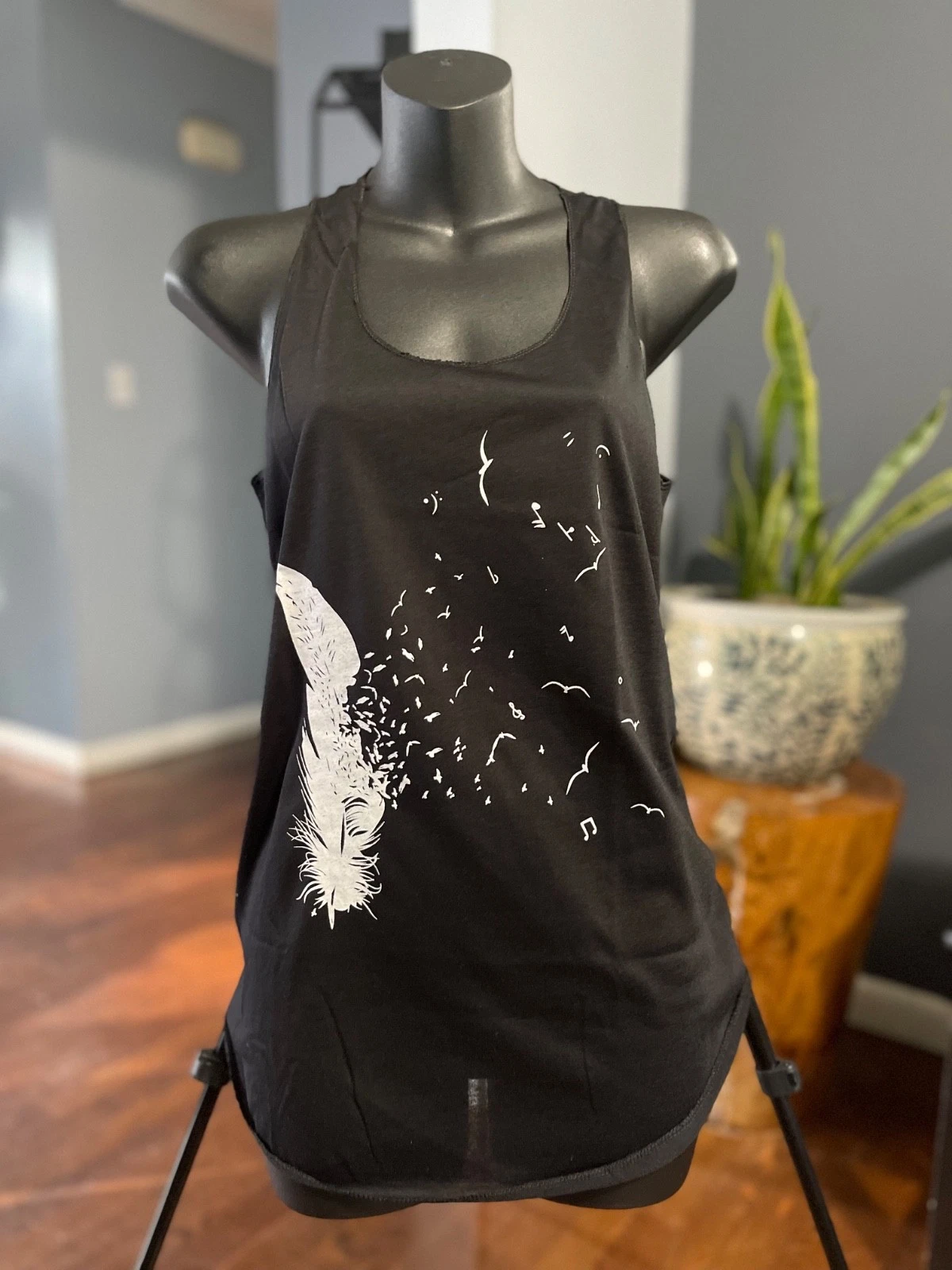 Women’s Black Tank Top Feather & Birds Graphic Print – 100% Polyester – S/M/L