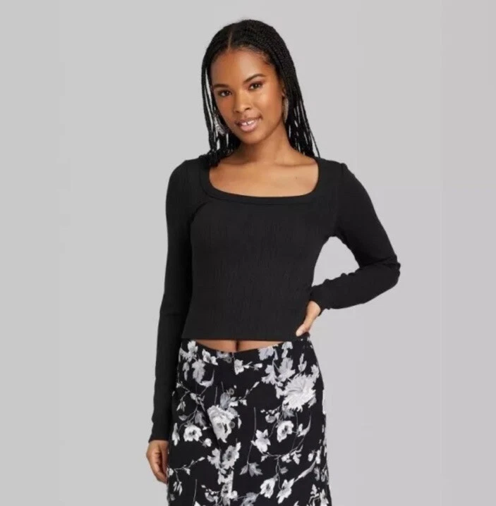 Wild Fable Shirt Women's S Small Black Long Sleeve Pointelle T-Shirt Top New