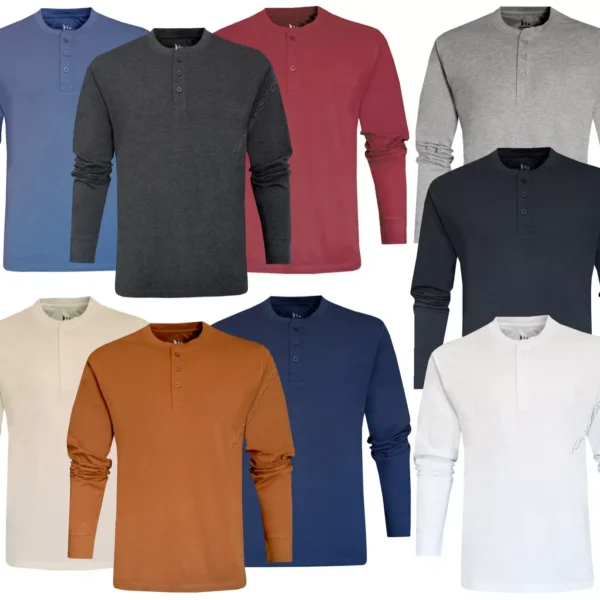 Mens Henley Plain Long Sleeve Jersey Grandad Neck T-shirt Top Causal M - 3XL