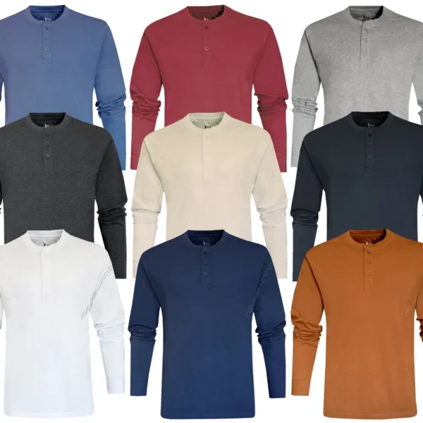 Mens Henley Long Sleeve Jersey Plain T-shirt Grandad Neck Top Causal by Beebizco