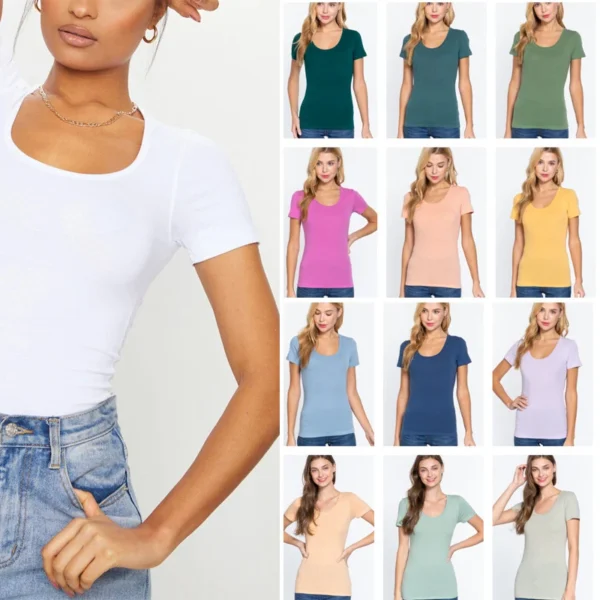 Women's Basic T-Shirt Scoop Neck Cotton Short Sleeve Solid Knit Plain Top Fitted