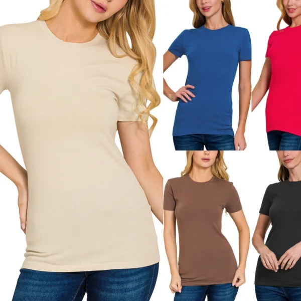 Women's Crew Neck Cotton T-shirt Short Sleeve Basic Plain Tee Soft Stretch Top
