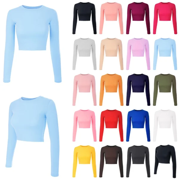 MixMatchy Solid Long Sleeve Round Neck Crop T Shirt Top
