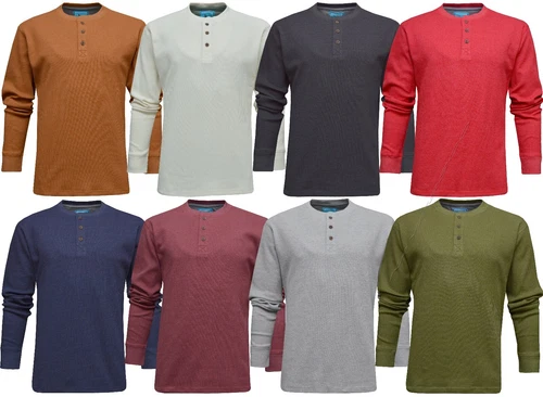 Mens Henley Jumper Top Plain Long Sleeve Grandad Neck Waffle Knit T-shirt M-3XL